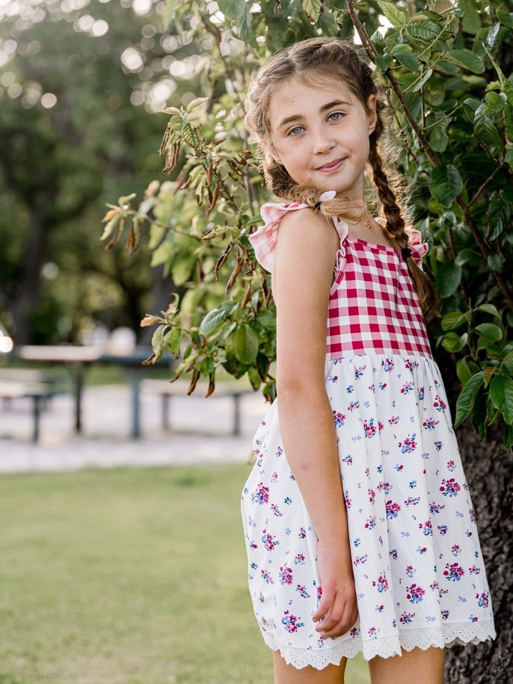 Love Millie Clothing- Girls Patriotic Red Gingham & Floral Flutter Sundress